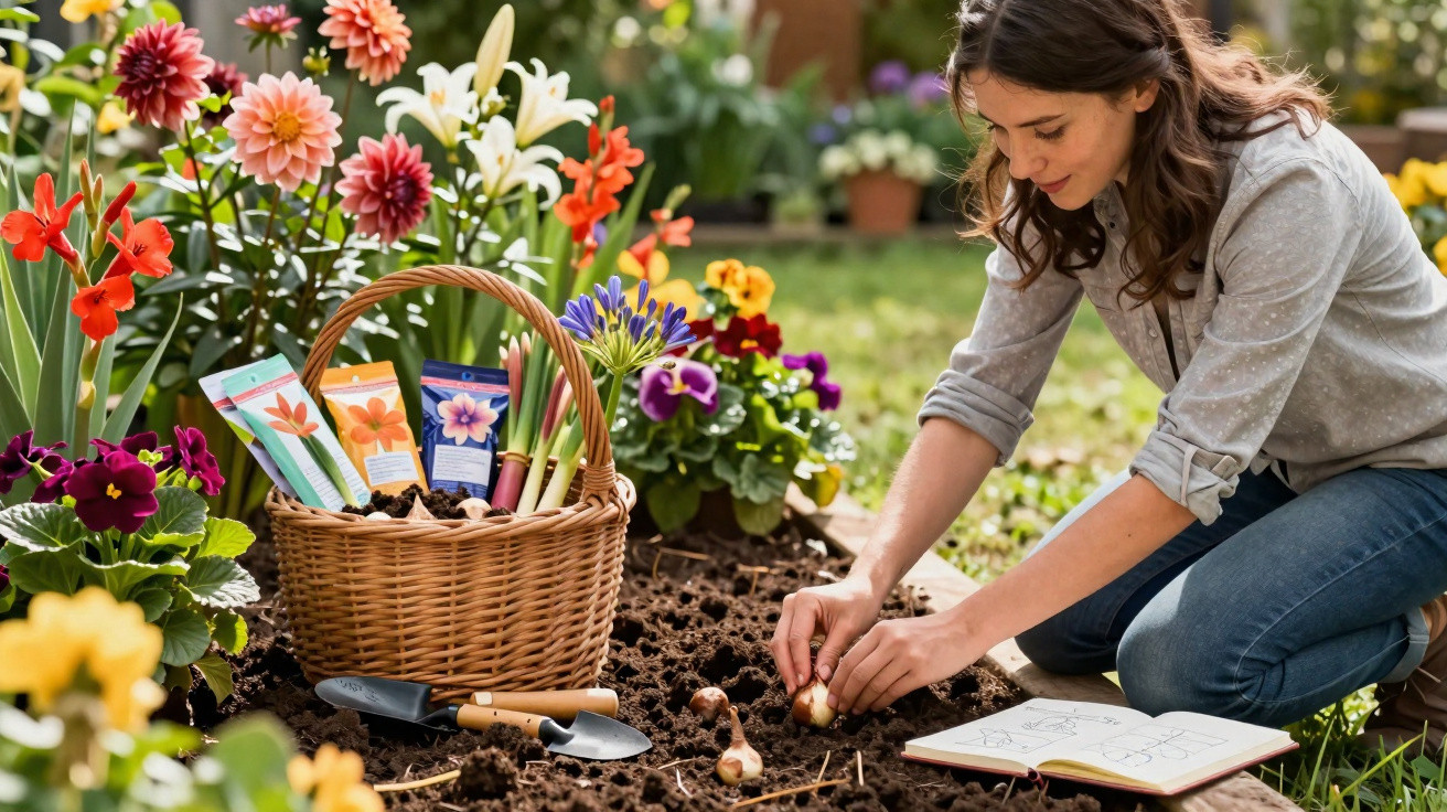 Woman planting flower bulbs in garden bed surrounded by colourful flowers and gardening tools.