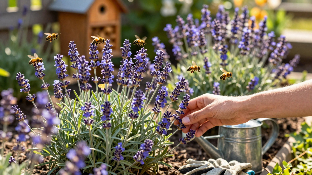 Hand tending lavender plants with bees flying nearby in a sunny garden with gardening tools.
