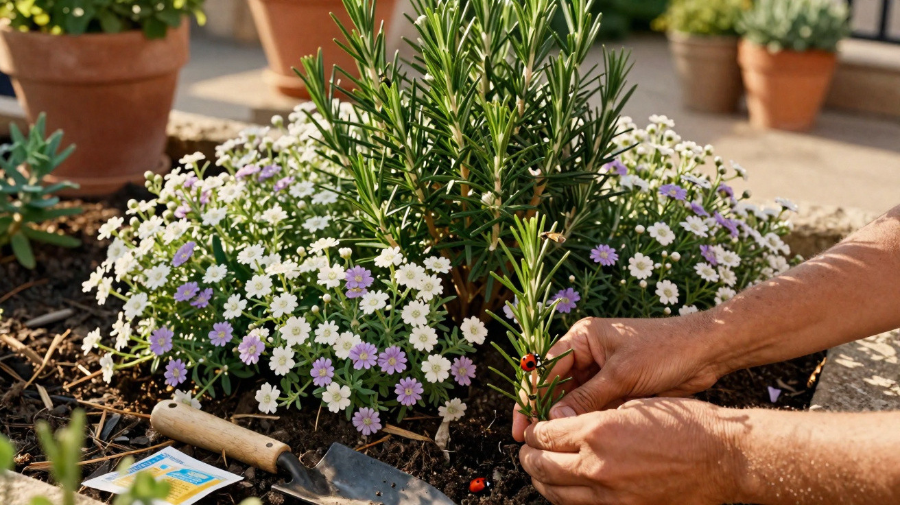 Hands tending a rosemary plant surrounded by small purple and white flowers in a garden bed with gardening tools nearby.