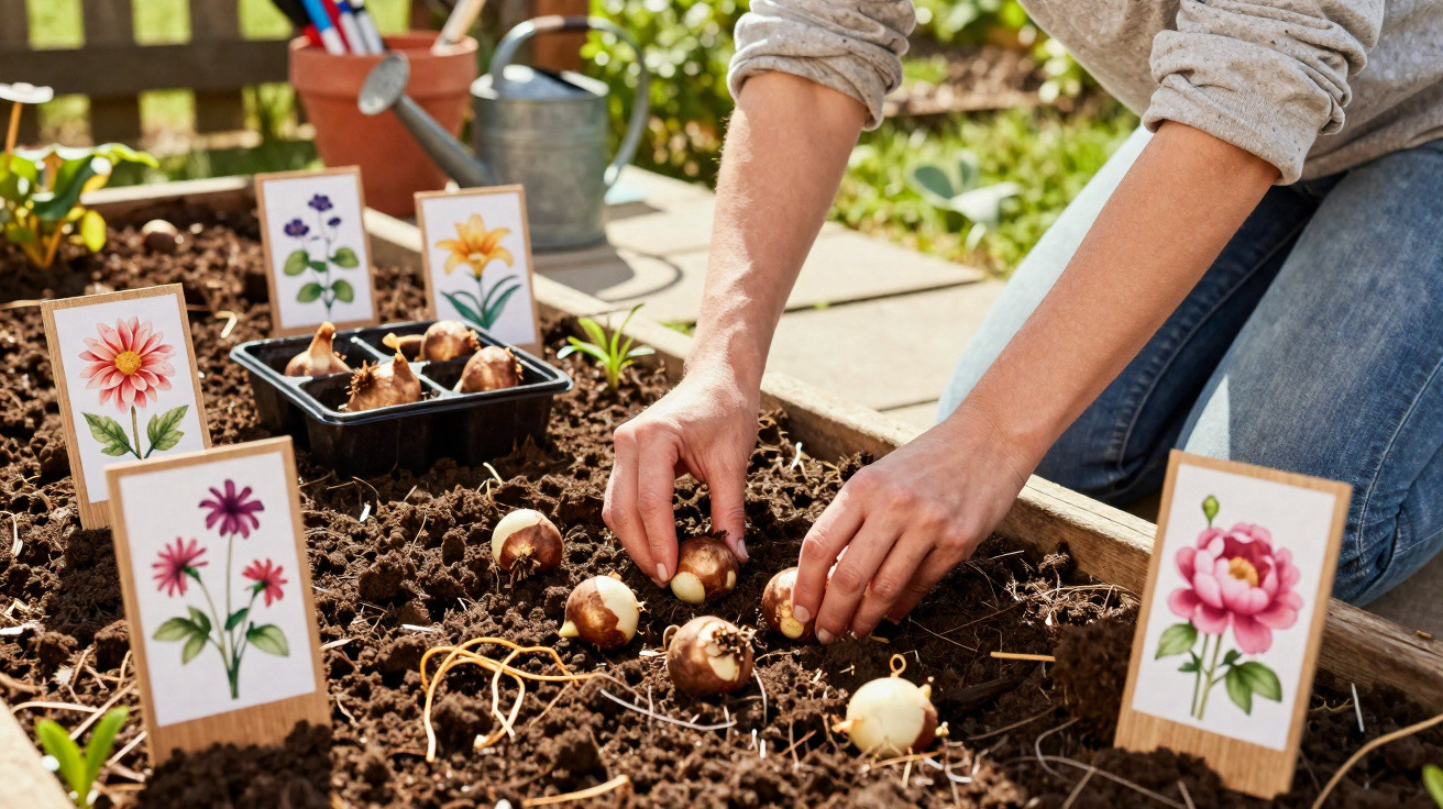 Person planting flower bulbs in soil with illustrated flower markers in a garden bed on a sunny day.