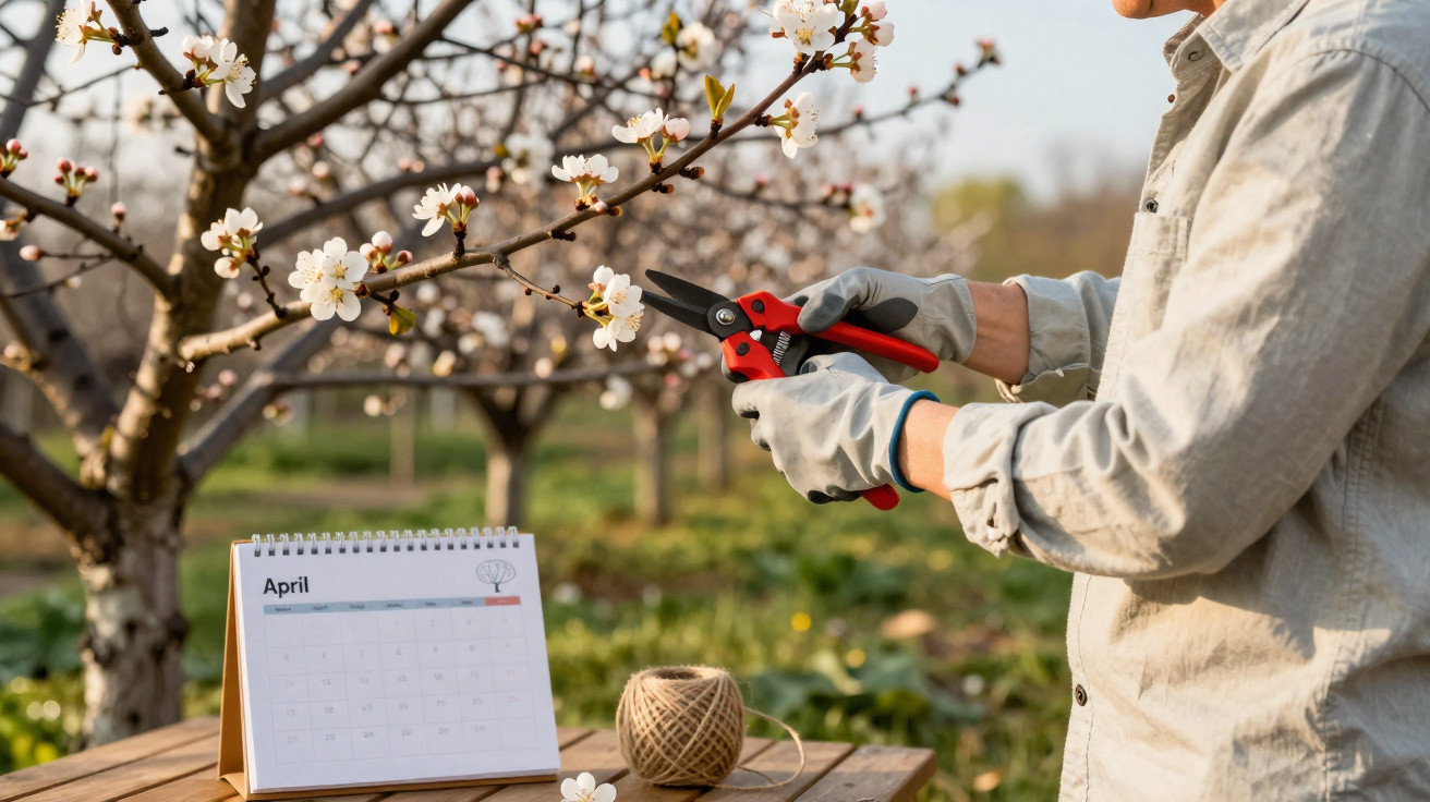 Person wearing gloves pruning blossoming tree branches with garden shears in spring, April calendar visible.