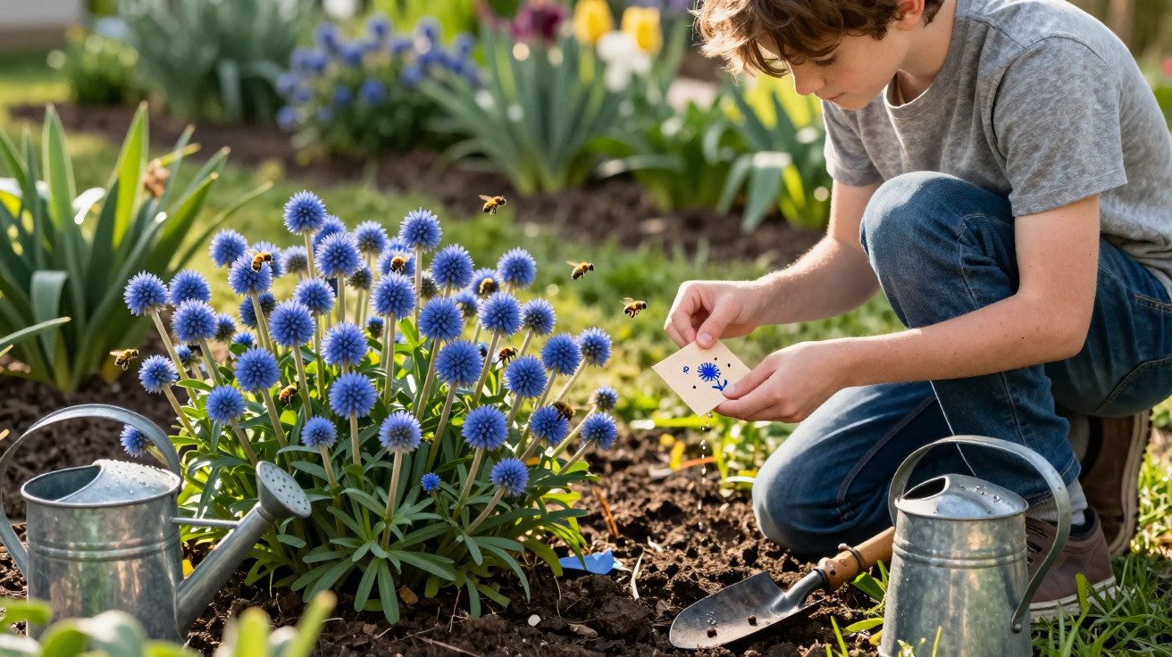 Child examining a blue globe thistle plant surrounded by bees and watering cans in a garden.