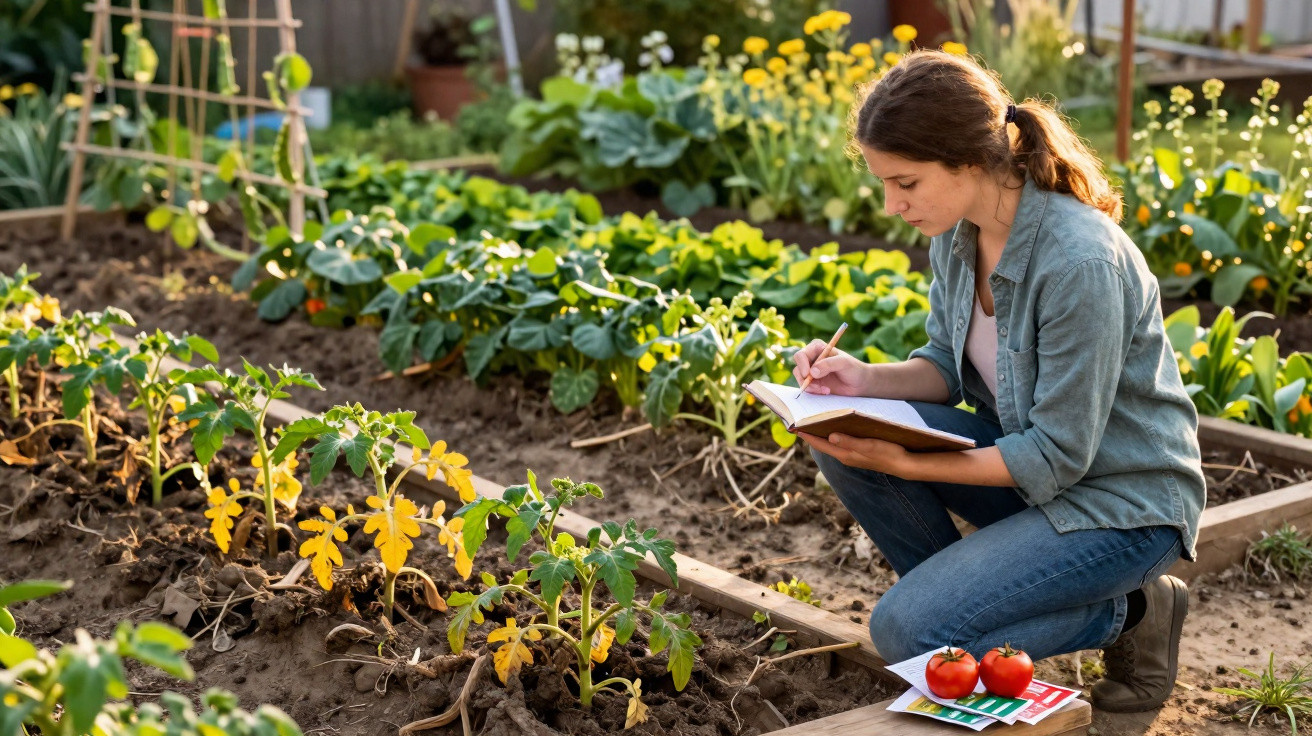 Woman kneeling in garden writing in notebook beside young tomato plants and seed packets on wooden bed edge.