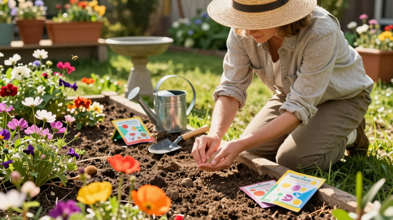 Person wearing a hat planting seeds in a garden bed surrounded by colourful flowers and gardening tools.