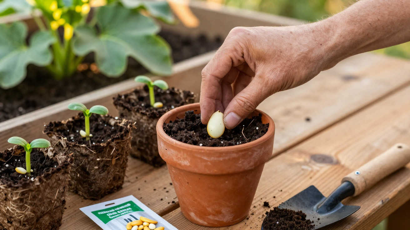 Hand planting a seed into soil in a terracotta pot on a wooden table with seedlings and gardening tools.