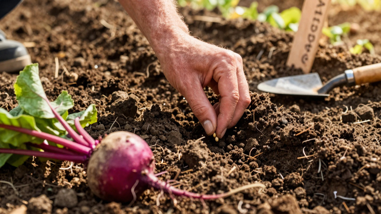Close-up of a hand planting beetroot seeds in soil with a trowel and beetroot visible nearby in a garden.