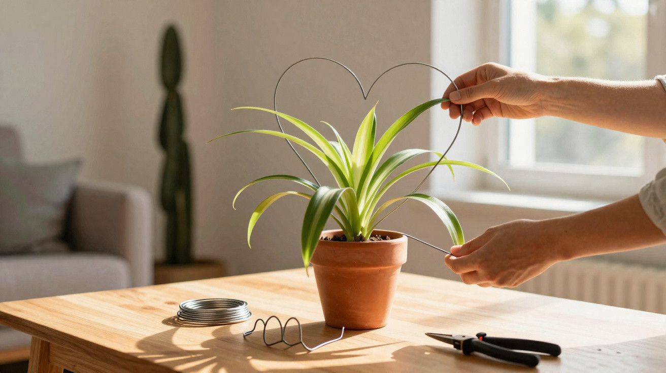 Hands shaping wire into a heart around a green potted plant on a wooden table with tools nearby.
