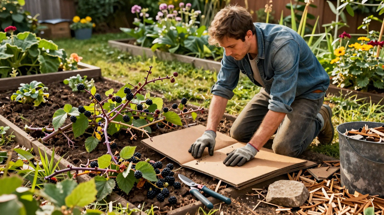 Man kneeling in garden bed laying cardboard for weed control among blackberry plants and flowers.