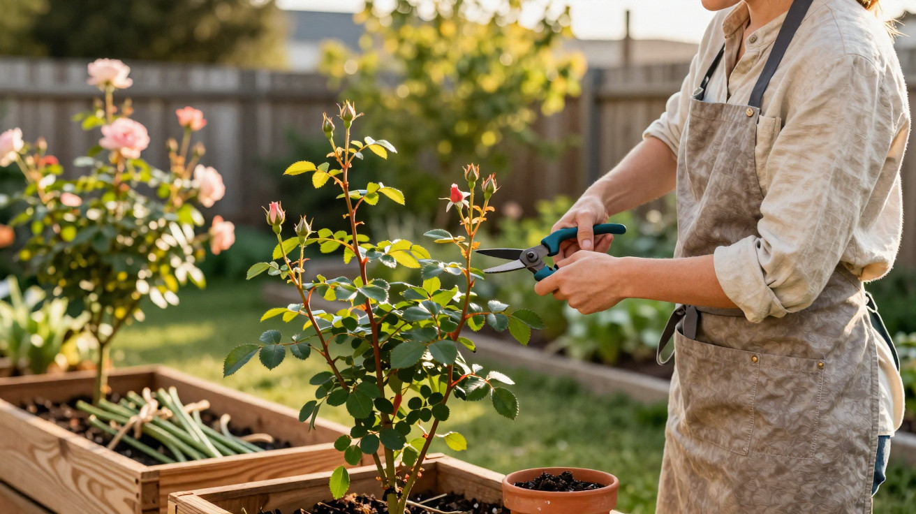 Person pruning rose plants in wooden raised garden beds in a sunlit backyard garden.