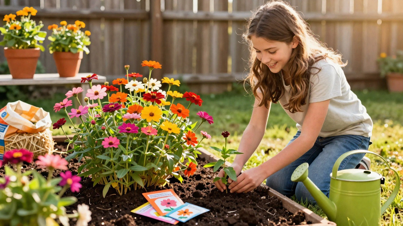 Young girl planting flowers in a garden bed with seed packets and a green watering can nearby.