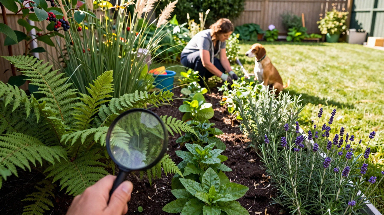 Hand holding magnifying glass over garden bed with woman gardening and dog in the background in sunny backyard.