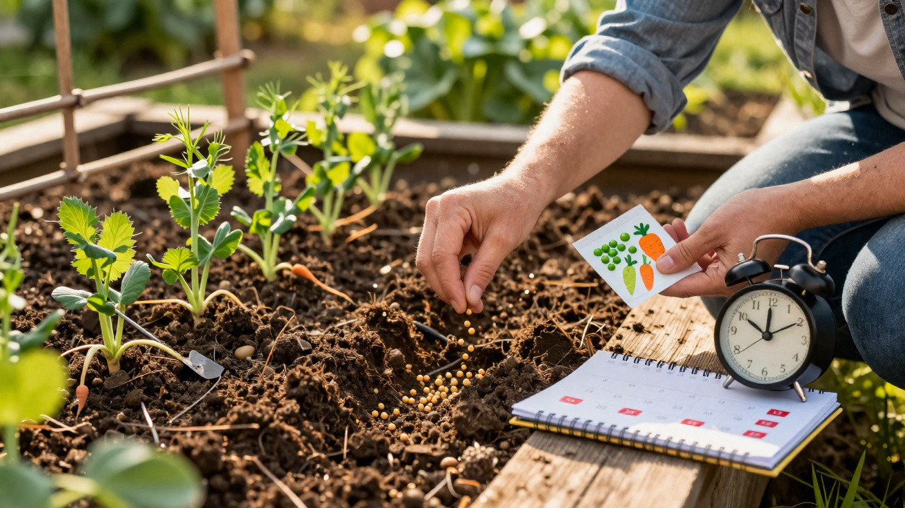 Person planting seeds in a garden bed beside a calendar and clock during daylight.