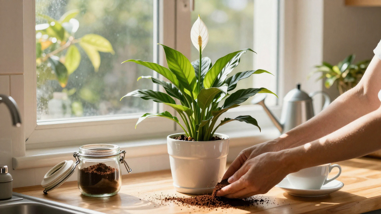 Hands spreading soil next to a potted peace lily on a wooden kitchen windowsill with sunlight.