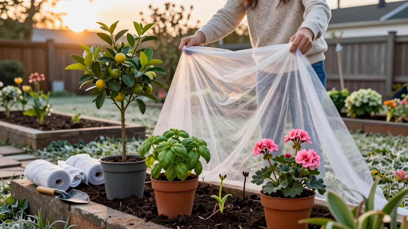 Person covering potted plants with a protective mesh in a garden at sunset.