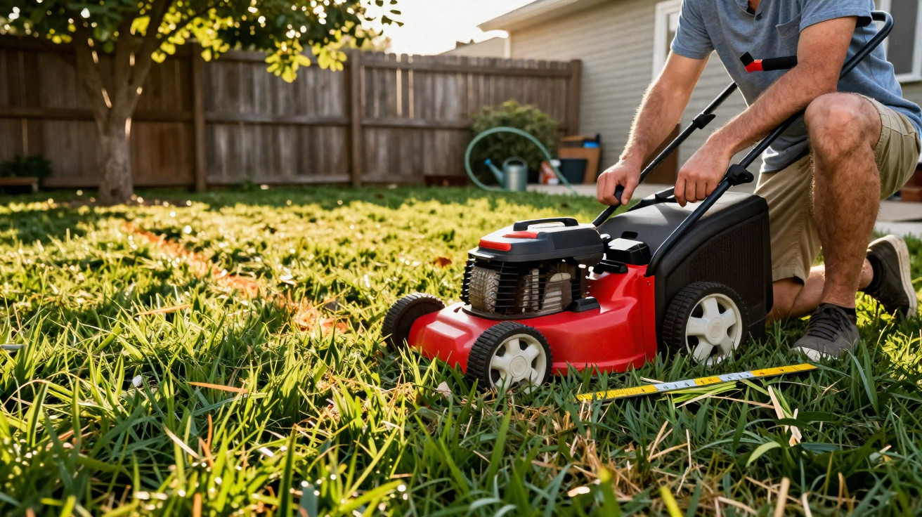 Person kneeling on grassy lawn adjusting a red lawnmower in a sunny backyard with wooden fence.