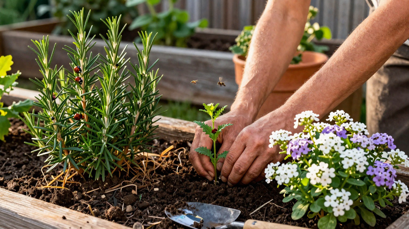 Hands planting a small seedling in soil beside flowering plants and herbs in a wooden garden bed.