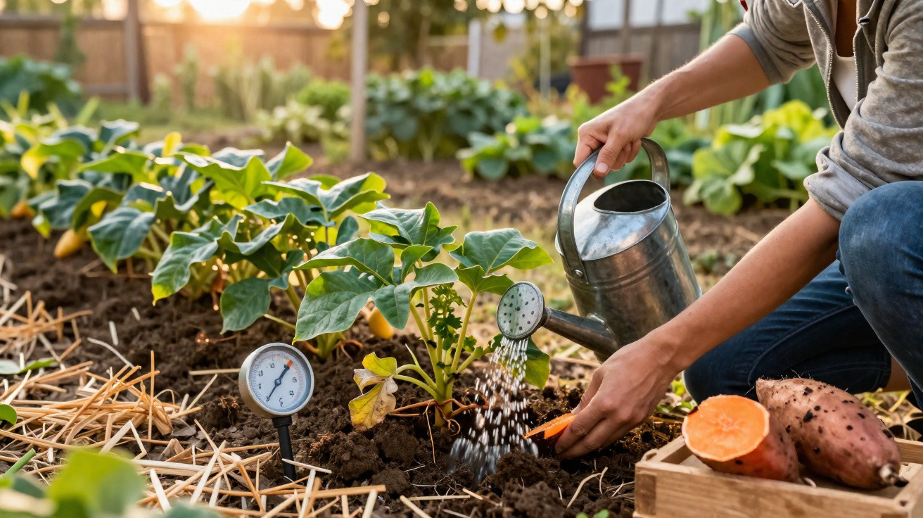 Person watering growing sweet potato plants in a garden bed with soil moisture gauge nearby at sunset.