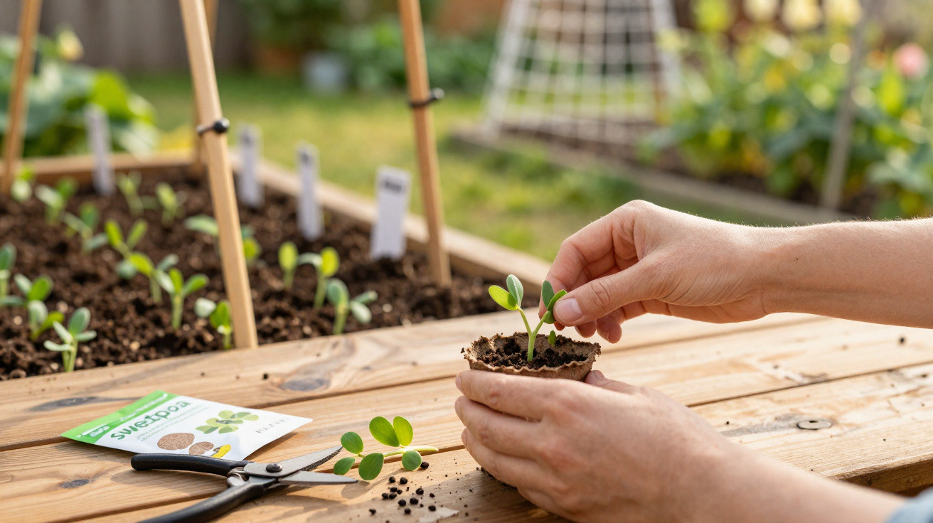 Hands transplanting a sweet pea seedling in compost on a wooden garden bench with seedlings in the background