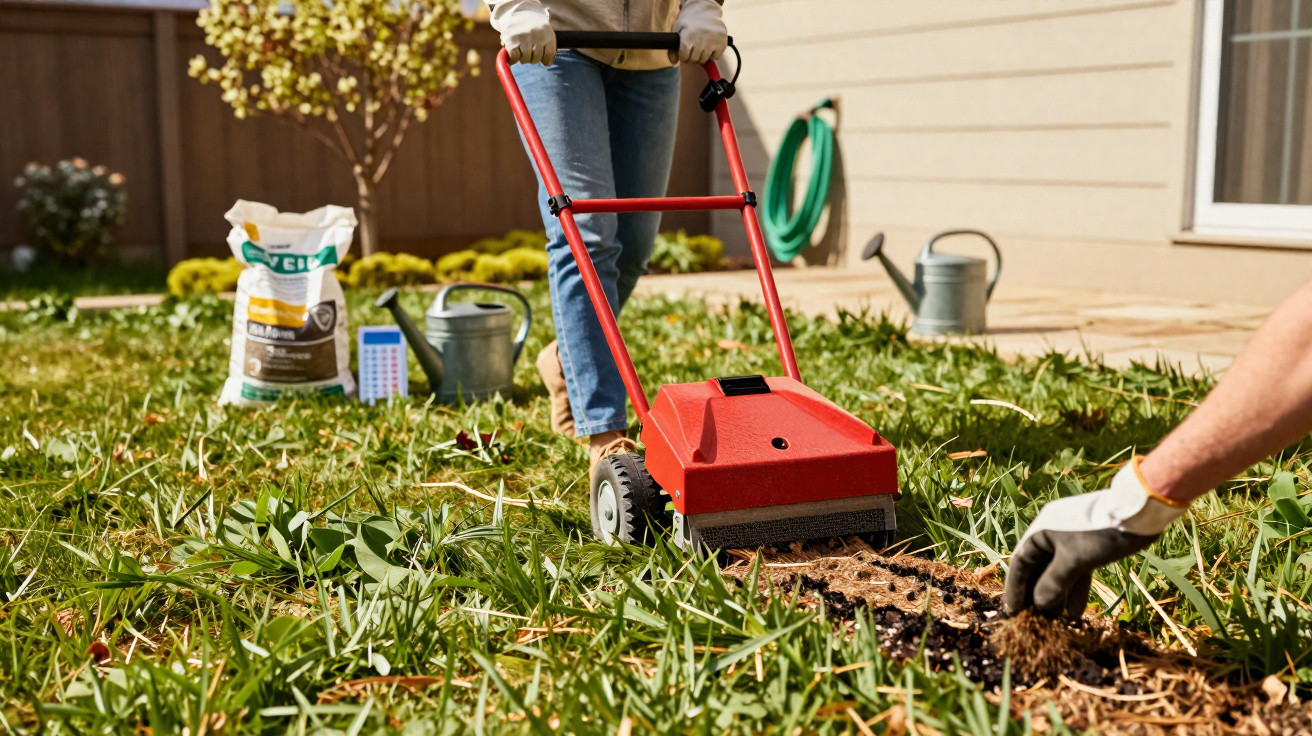 Person using a lawn dethatcher on a grassy yard while another person removes thatch by hand nearby.