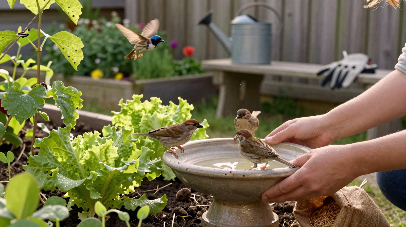 Person holding a birdbath with sparrows drinking water in a garden with lettuce and flowers.