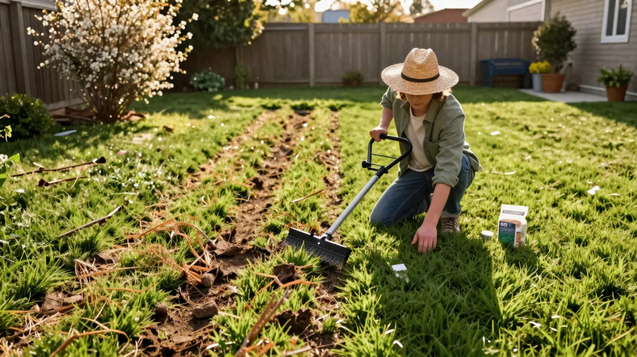 Person wearing a straw hat weeding a garden with a hoe on a sunny day in a backyard.