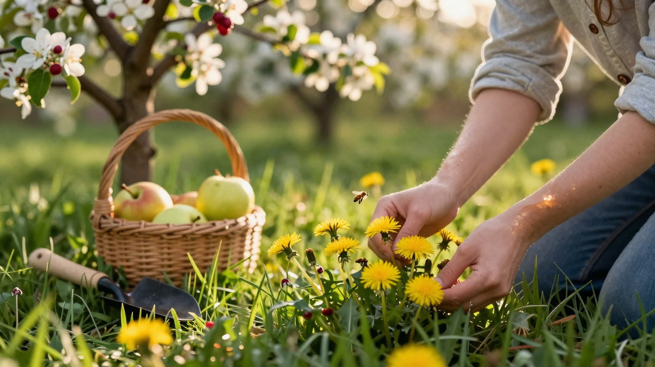 Person kneeling in a garden picking yellow dandelions near a basket of apples and gardening tools.