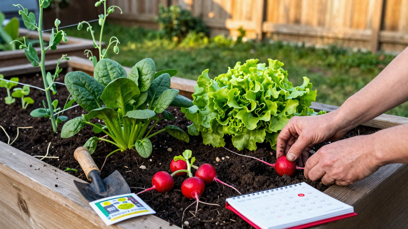 Hands harvesting fresh radishes from a wooden garden bed with lettuce, spinach, and gardening tools visible.