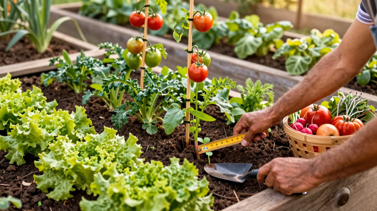 Hands measuring soil depth in a raised vegetable garden with tomatoes, lettuce, and a basket of fresh produce nearby.