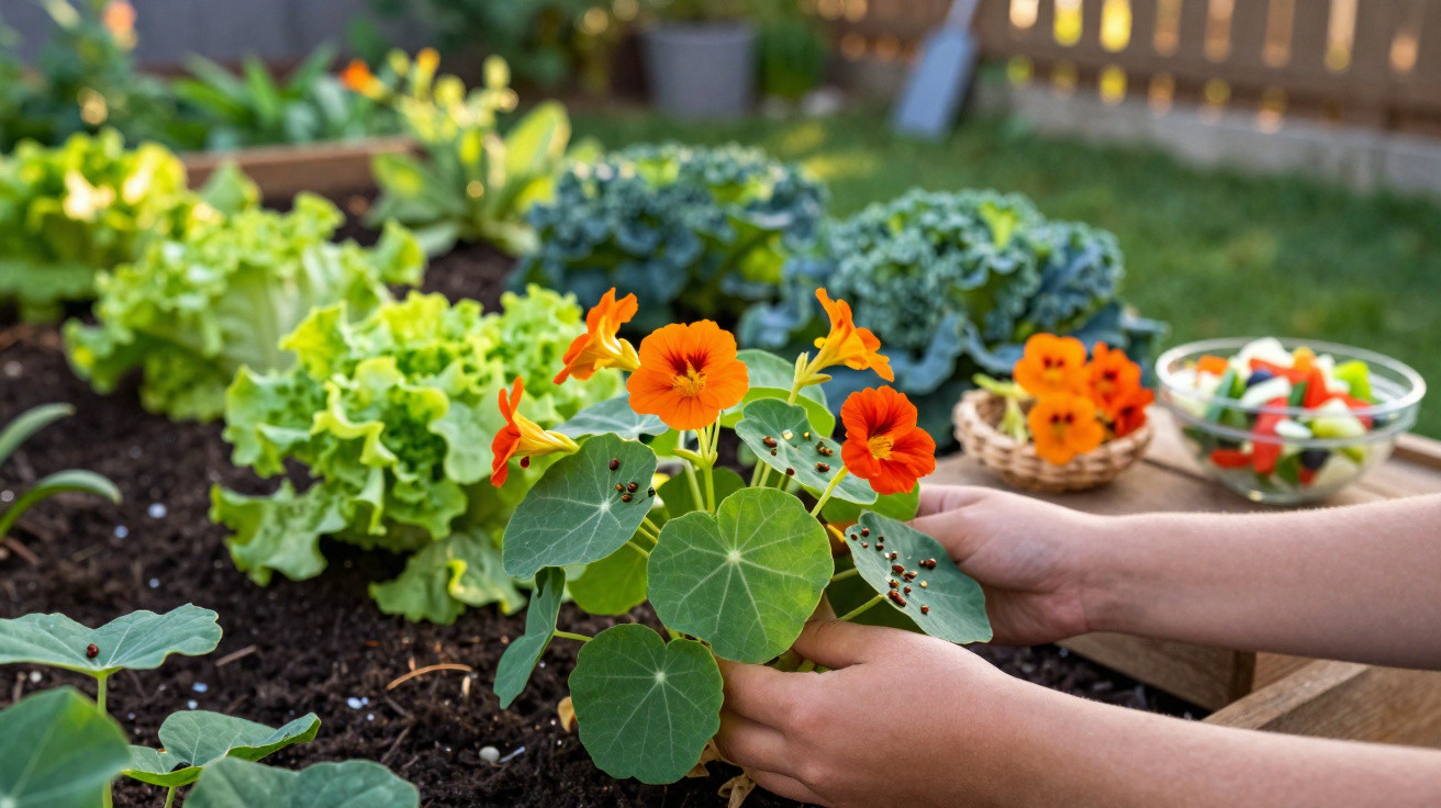 Hands tending to a garden bed with orange nasturtium flowers and leafy green vegetables in a backyard.
