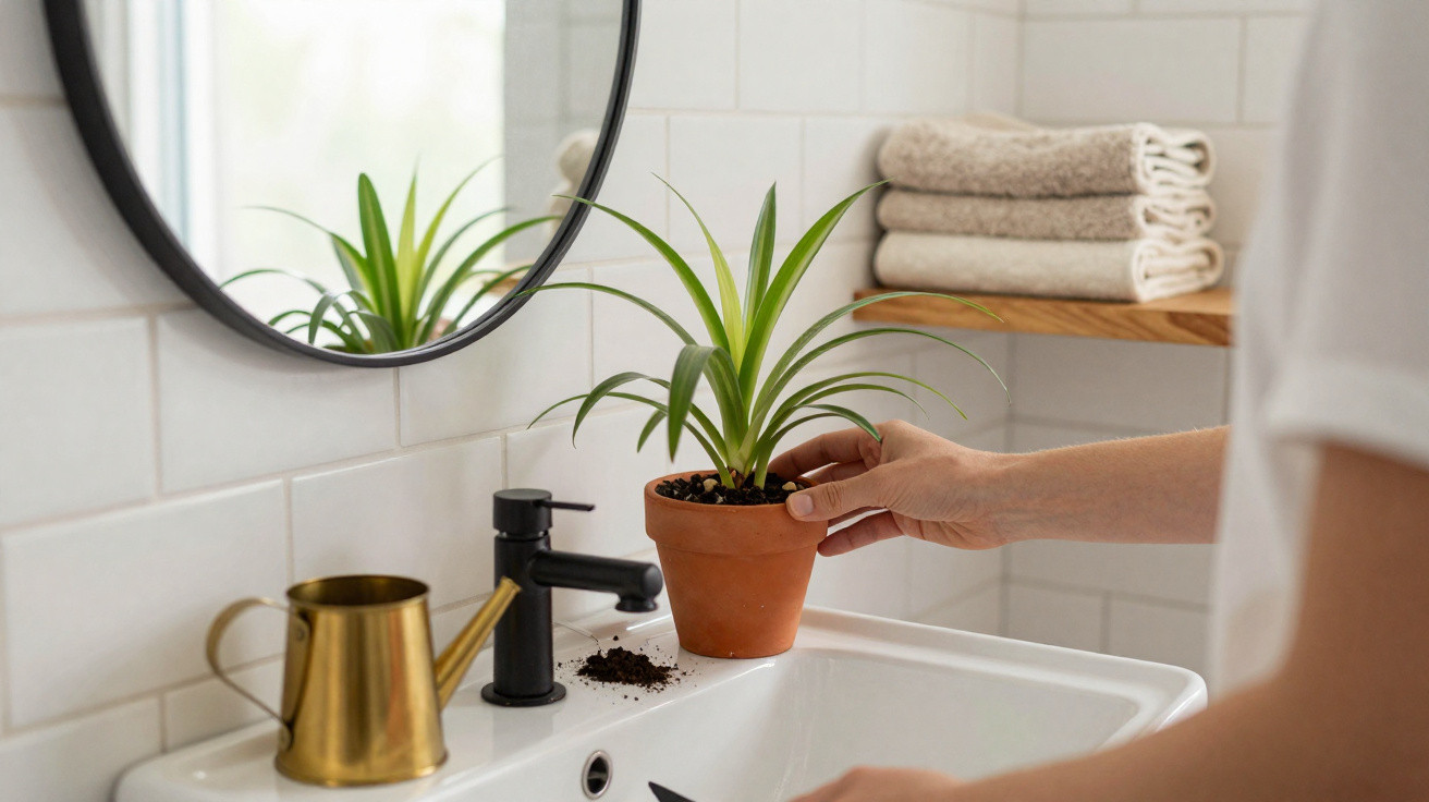Hand placing a small green houseplant in a terracotta pot on a white bathroom sink with towels in the background.