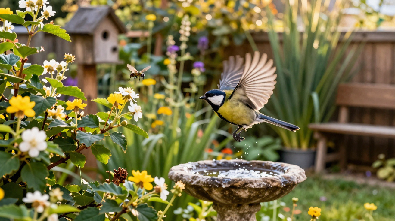 Blue tit bird in mid-flight above a stone birdbath surrounded by yellow and white flowers in a garden.