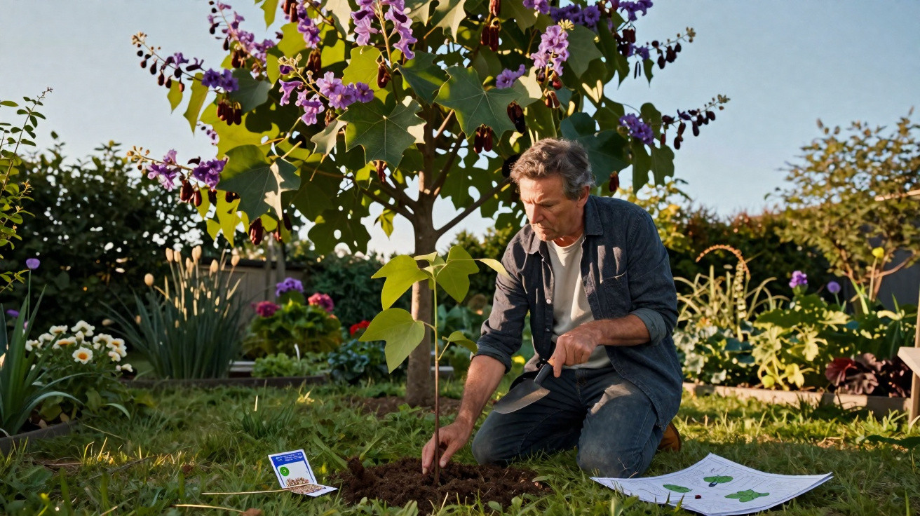 Man planting a young tree with purple flowers in a sunlit garden surrounded by plants and gardening notes.