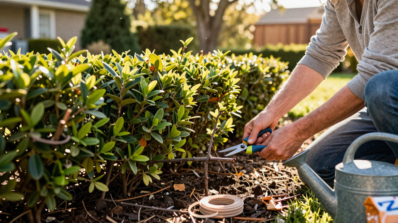 Person pruning a garden shrub with hand shears in a sunlit backyard.