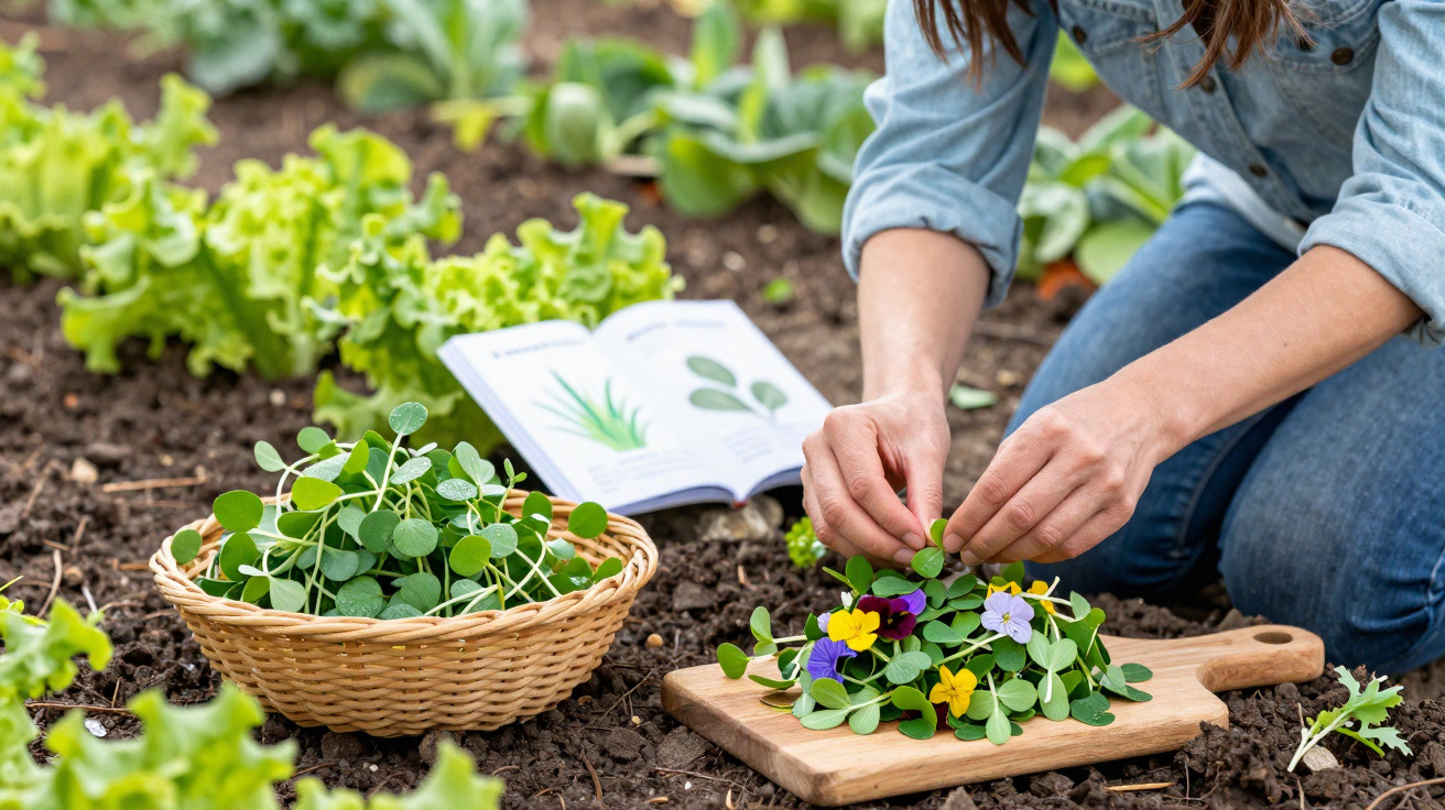 Person harvesting edible flowers and greens in a garden with a plant guidebook open nearby.