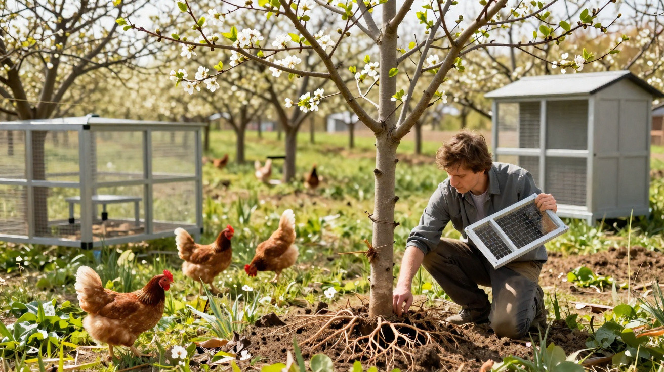 Person tending to soil around tree roots in orchard with brown hens and a chicken coop nearby.