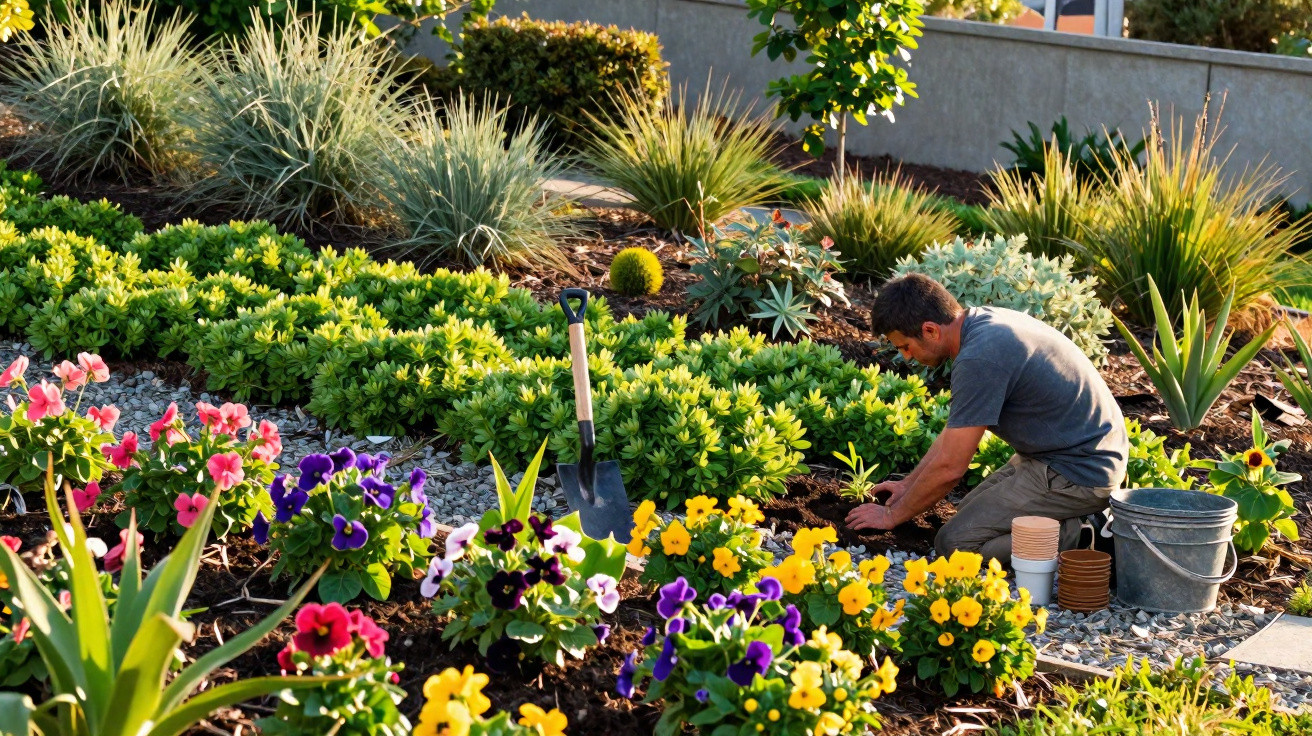 Man kneeling and planting flowers in a colourful garden bed with gardening tools and pots nearby.