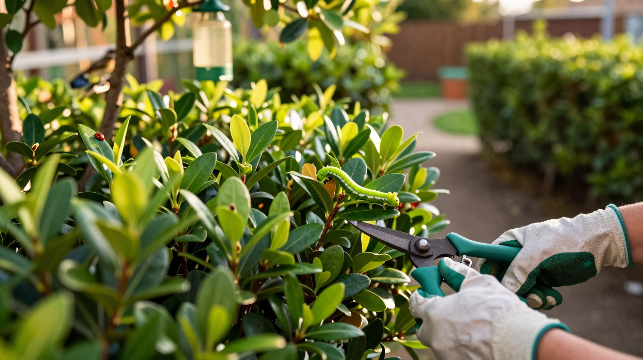Green caterpillar on bush leaves near gardener's gloved hands holding pruning shears in a sunny garden.