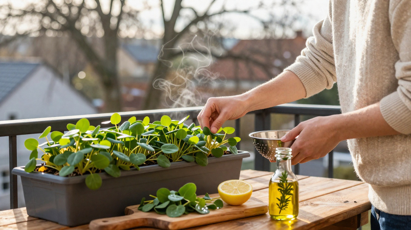 Person tending to green plants on a balcony with olive oil bottle and lemon on wooden table.
