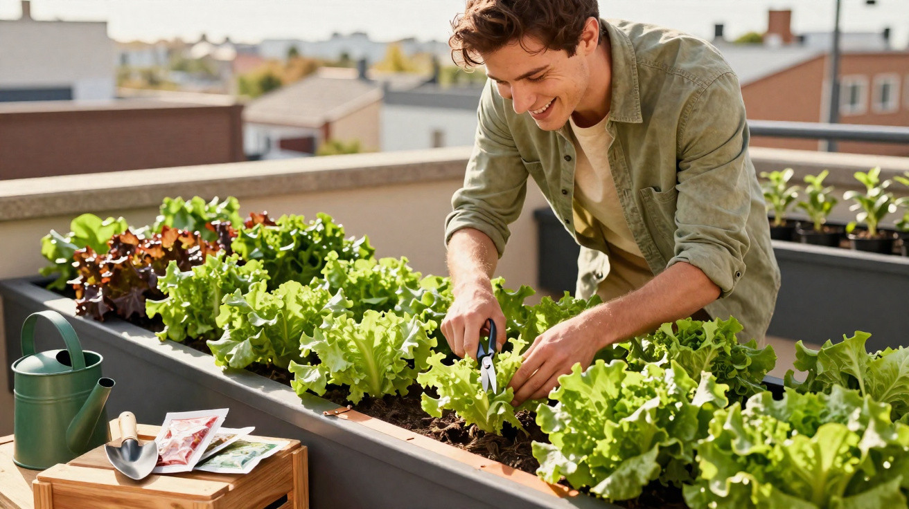 Young man harvesting fresh lettuce in a rooftop garden with gardening tools nearby on a wooden crate.