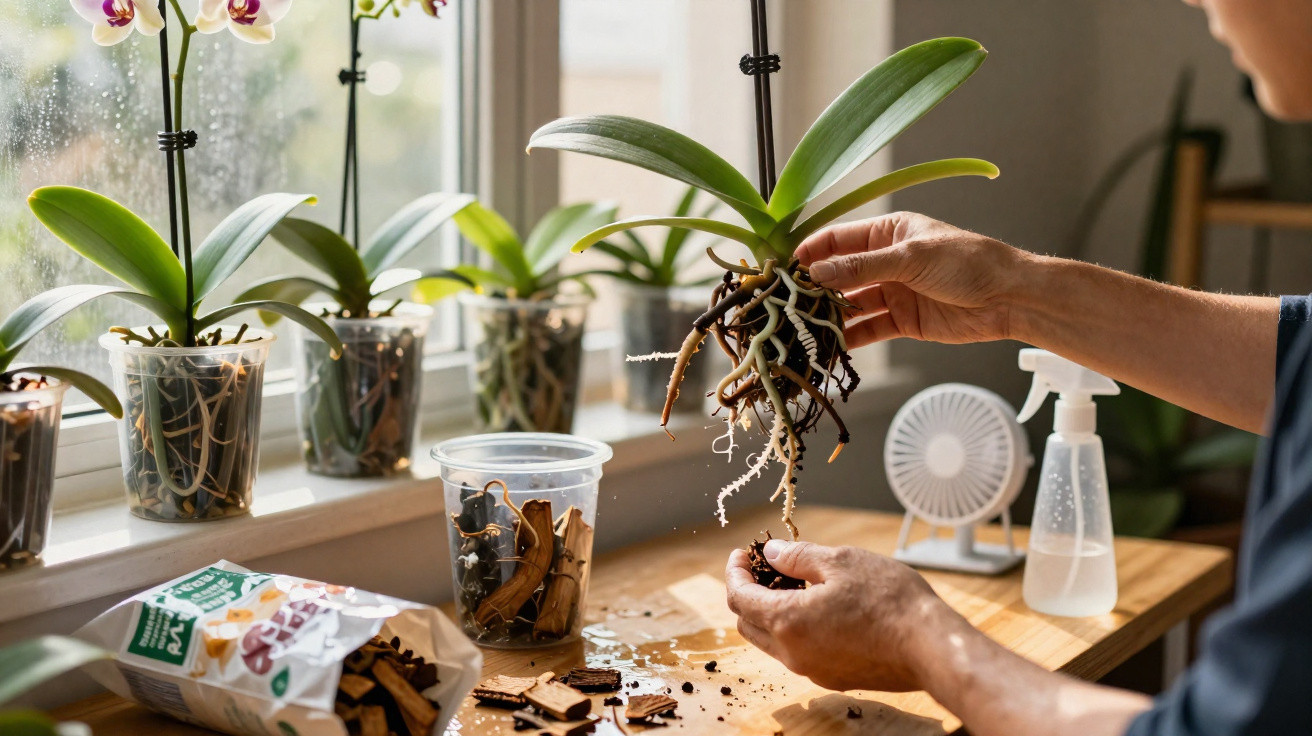 Person repotting an orchid with exposed roots on a wooden table by a window with multiple orchids.