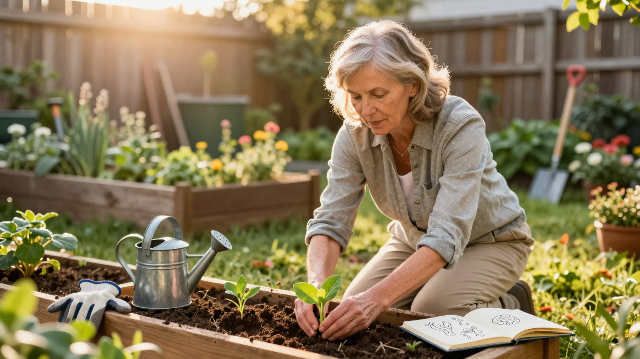 Older woman planting seedlings in a raised garden bed with gardening tools and a notebook nearby.