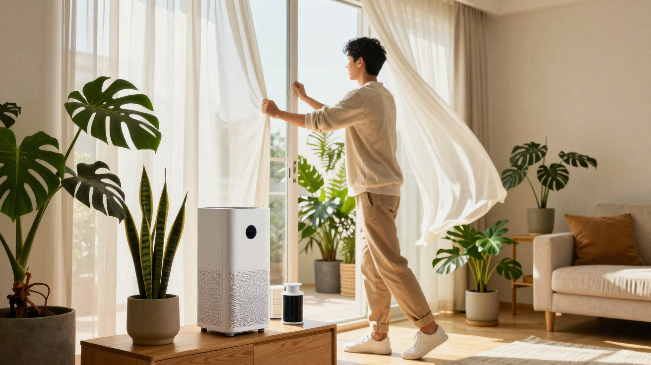 Person opening sheer curtains in a sunlit living room with potted plants and an air purifier on a wooden table.