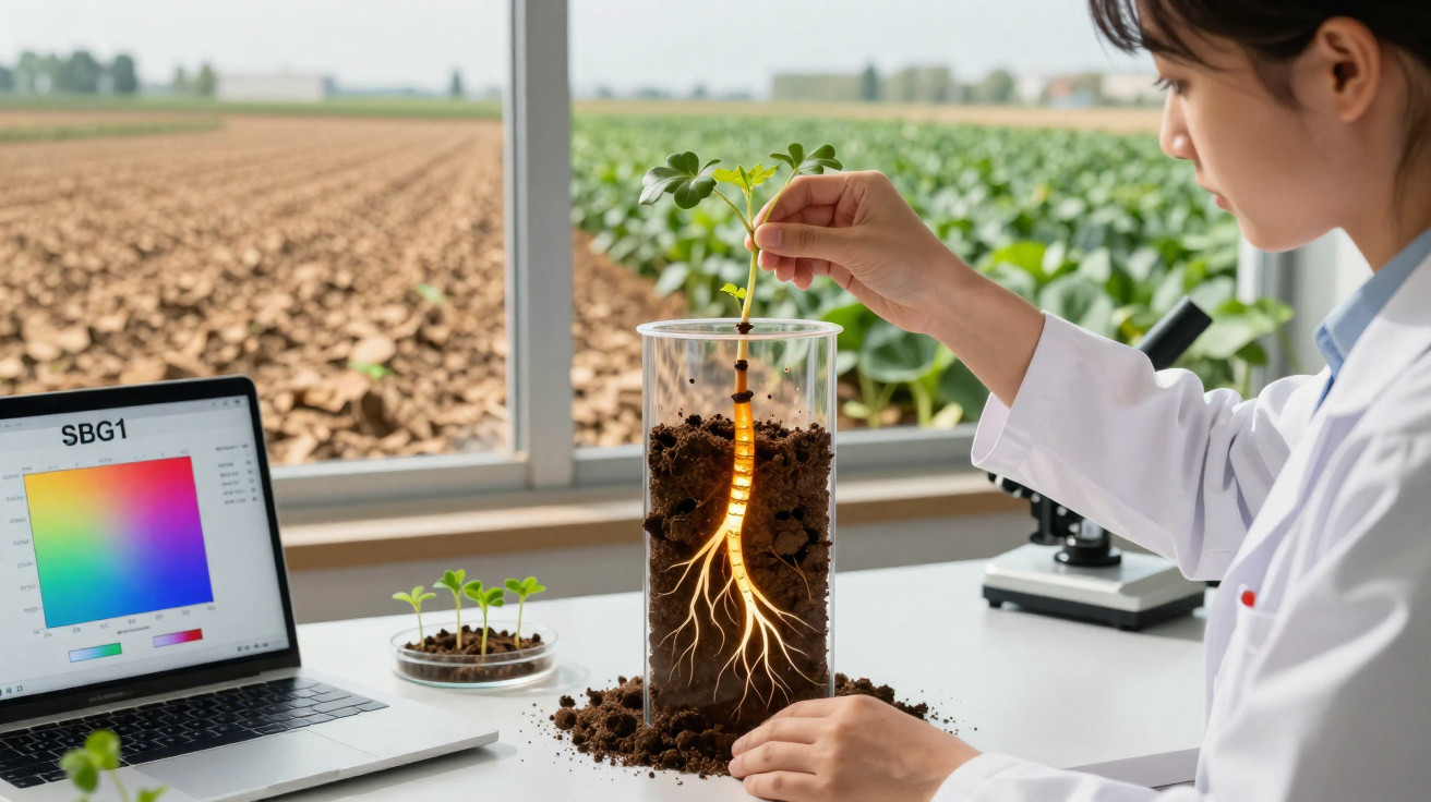 Scientist in lab coat studying a plant seedling with illuminated roots in a glass container on a lab table.