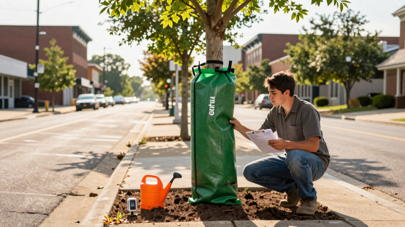 Young man checks tree water bag on urban sidewalk with orange watering can and soil moisture meter nearby.