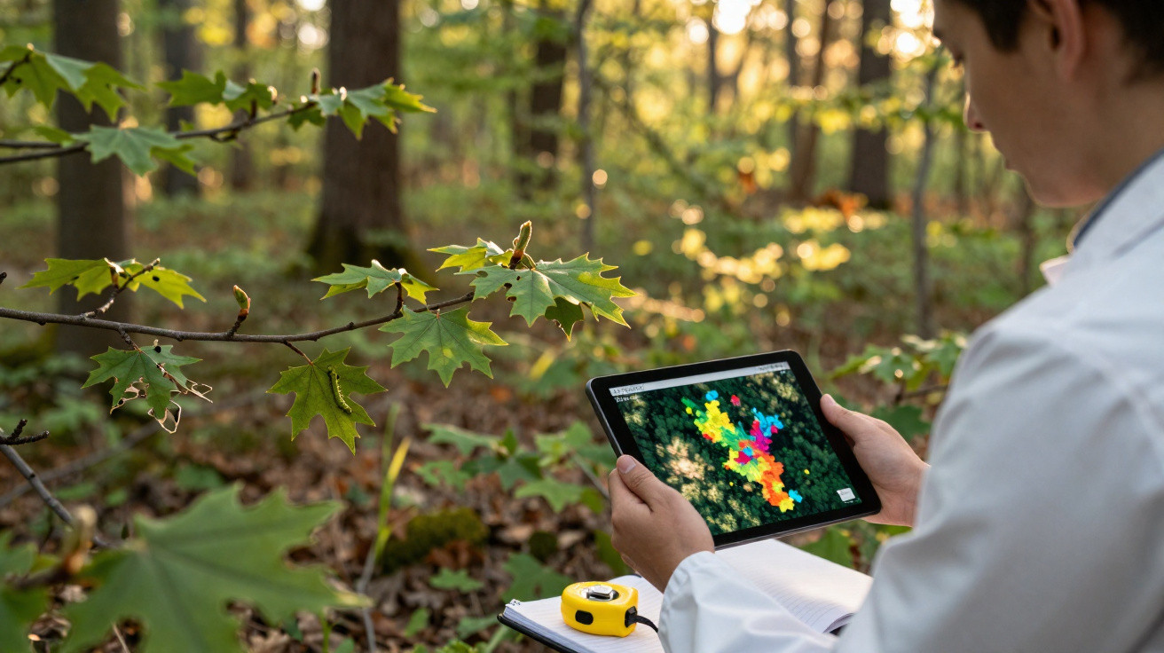 Person in a white coat using a tablet to study colourful data in a forest, with a measuring tape and notebook nearby.