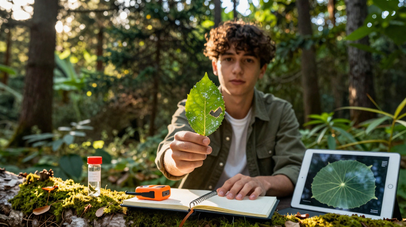 Young man in forest holding a damaged green leaf, with a notebook and tablet displaying a leaf image nearby.