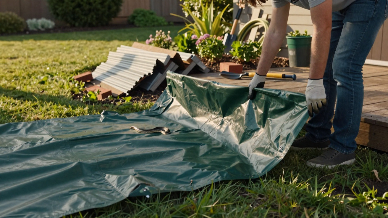 Person wearing gloves handling a plastic sheet near a small garden snake on the grass.