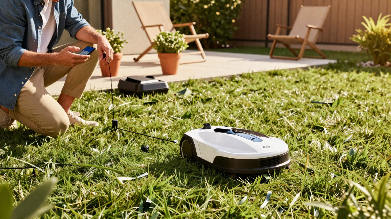 Person kneeling on grass operating a white robotic lawn mower in a sunny backyard with patio chairs.