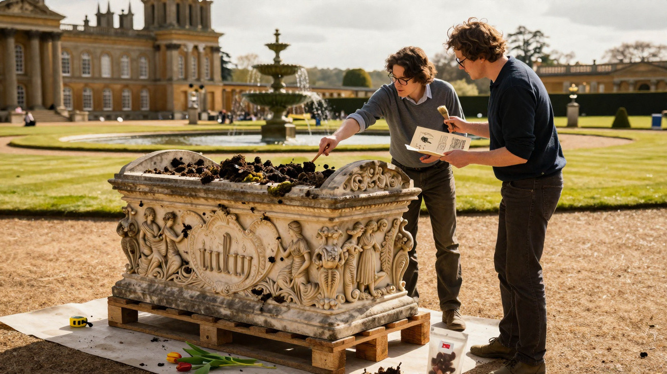 Two men examine soil in an ornate stone planter in a large formal garden with historic buildings.