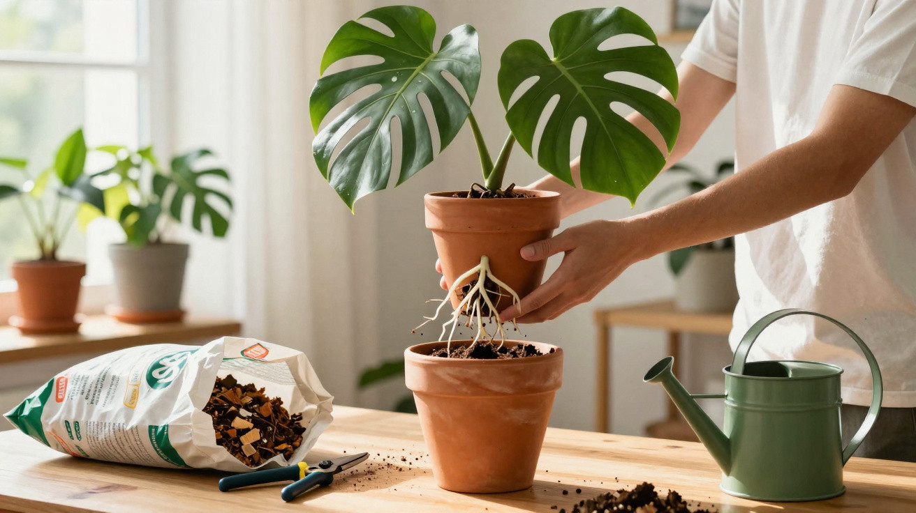 Person repotting a monstera plant with visible roots on a wooden table with gardening tools and a watering can.